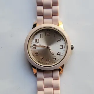 Photo of Vintage FMD Womens Watch Gold Case Champagne Dial Pink Silicone Strap Quartz