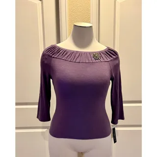 Photo of Very Soft Women's XL Ruched Boat Neck 3/4 Sleeve Sweater with Rose Flower Brooch