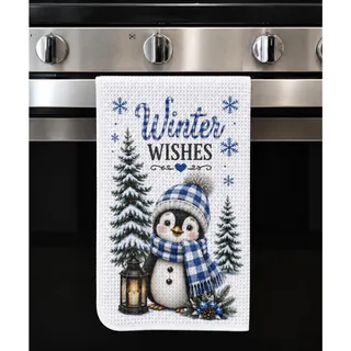 Photo of Winter Wishes Penguin Kitchen Towel Blue Plaid Snowy Winter Decor