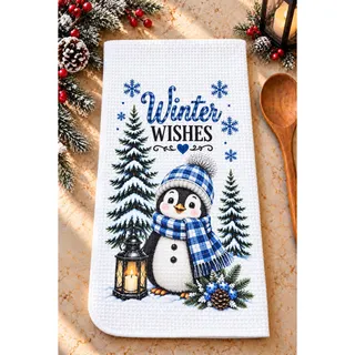 Photo of Winter Wishes Penguin Kitchen Towel Blue Plaid Snowy Winter Decor