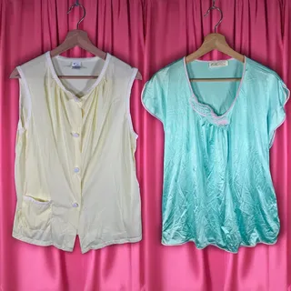 Photo of Set 2 VTG JCPenney Women's Medium Satin Pajama Tops Blouses 1960s 1970s Sleep