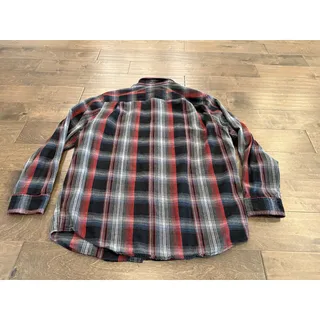 Photo of Duluth Trading Co Mens Plaid Red Navy Flannel Shirt Long Sleeve Trim Fit Size XL