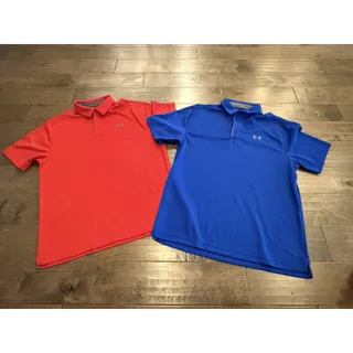 Photo of Lot Of 2 Under Armour Mens Blue Red 1/4 Button Polo Short Sleeve Shirt Size L
