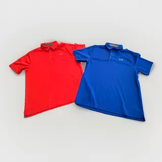 Photo of Lot Of 2 Under Armour Mens Blue Red 1/4 Button Polo Short Sleeve Shirt Size L