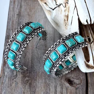 Photo of Western Turquoise-Color Stone Open Hoop Earrings, 1.75 Inch