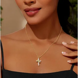 Photo of Cicy Bell 18K Gold Plated Crown Cross Pendant Necklace Cubic Zirconia. New