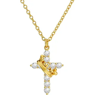 Photo of Cicy Bell 18K Gold Plated Crown Cross Pendant Necklace Cubic Zirconia. New