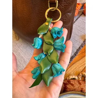 Photo of Genuine Leather Trailing Blue Bell Flower Purse Charm Leather Bag Charm
