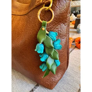 Photo of Genuine Leather Trailing Blue Bell Flower Purse Charm Leather Bag Charm