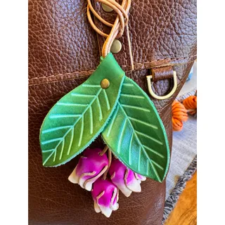 Photo of Genuine Leather Green Leaf Hot Pink Flower Purse Charm Leather Bag Charm