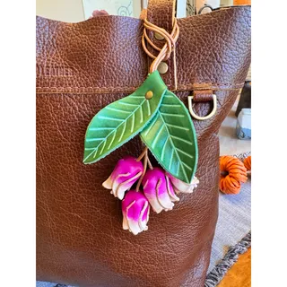 Photo of Genuine Leather Green Leaf Hot Pink Flower Purse Charm Leather Bag Charm