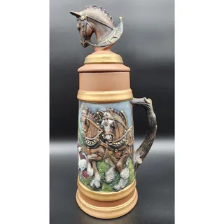 Photo of Vintage 18.5" German Horse Head Lidded Beer Stein Raised Relief Hand Painted