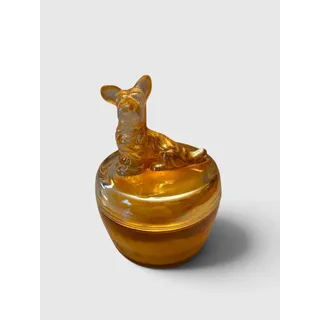 Photo of Vintage Marigold Carnival Glass Scottie Dog Powder Jar With Powder & Puff