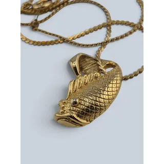Photo of Vintage Gold Tone Fish Pendant Necklace Detailed Scales Nautical Chain 15.25 In