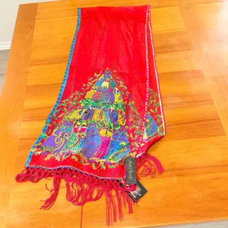Photo of Laurel Burch Cat Silk Fringe Scarf Red Multicolor NWT Feline Art