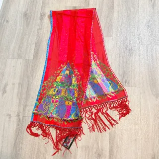 Photo of Laurel Burch Cat Silk Fringe Scarf Red Multicolor NWT Feline Art
