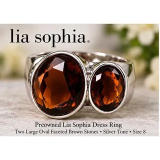 Photo of Lia Sophia Size 8 Brown Faceted Double Oval Stone Silver Tone Statement Ring