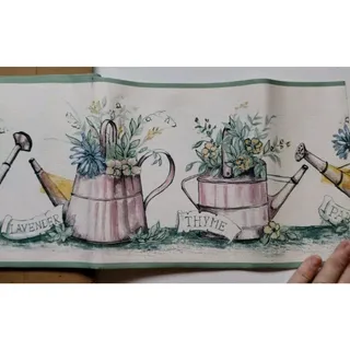 Photo of Norwall Decorative Wall Border - Potted Flowers Tin Watering Cans - 5 yds