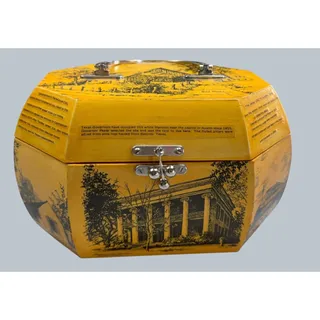 Photo of Vintage Texas Wooden Box Purse Octagon Yellow Decoupage Landmarks Red Lined