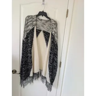 Photo of Woven Heart Poncho Sweater Womans XL Black & White Boho, Hippie Fringe , Cottage