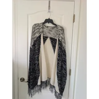 Photo of Woven Heart Poncho Sweater Womans XL Black & White Boho, Hippie Fringe , Cottage