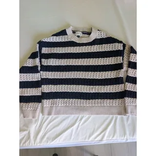 Photo of Universal Thread Striped Crochet Knit Sweater Navy, White/Cream Pullover XXL