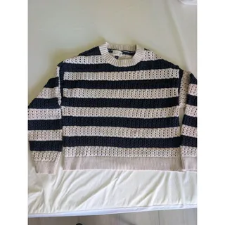 Photo of Universal Thread Striped Crochet Knit Sweater Navy, White/Cream Pullover XXL