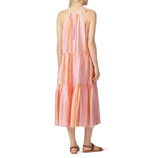 Photo of Club Monaco Amirra Dress Women's 10 Pink Striped Silk Sleeveless Midi Tiered RTR