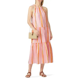 Photo of Club Monaco Amirra Dress Women's 10 Pink Striped Silk Sleeveless Midi Tiered RTR