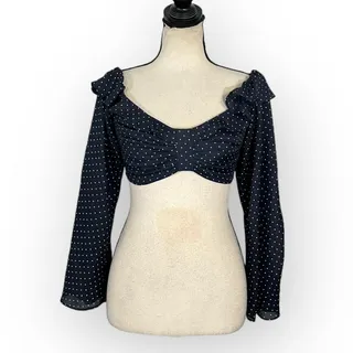 Photo of Alexis Ewa Crop Top Women's XS Navy Blue White Polka Dot Long Sleeve Bell Sleeve