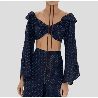 Photo of Alexis Ewa Crop Top Women's XS Navy Blue White Polka Dot Long Sleeve Bell Sleeve